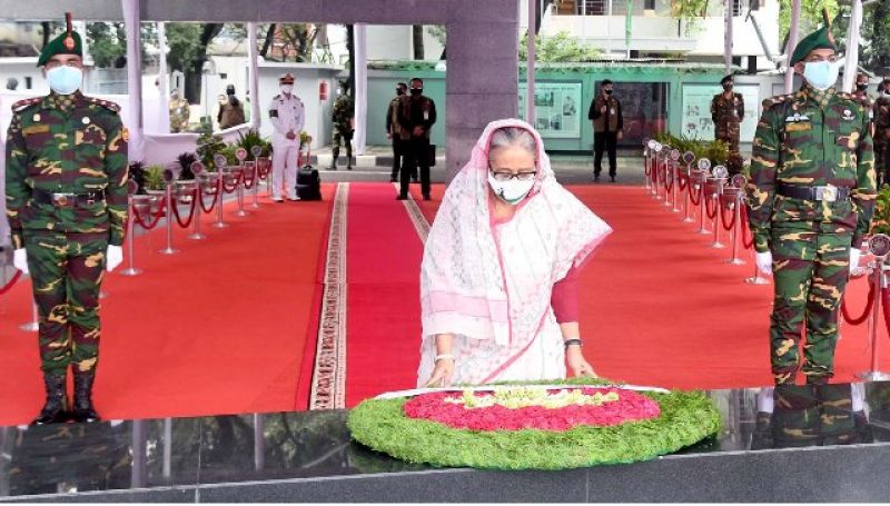 PM Sheikh Hasina laying wreath at the portrait of Bangabandhu Sheiukh MNujibur Rahman marking the 72th anniversary of the wami League on Wednesday-b15cb7f0498ce6f9b705191d1e7a70e81624429081.jpg